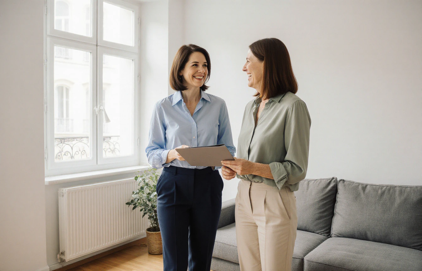 Zwei Frauen mit Unterlagen im Gespräch in einer Wohnung