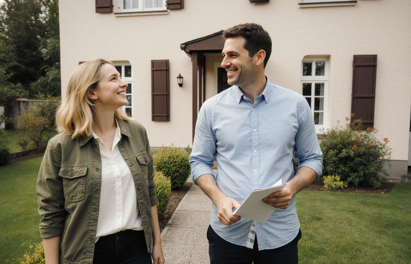 Frau und Mann mit Unterlagen im Gespräch vor einem Wohnhaus